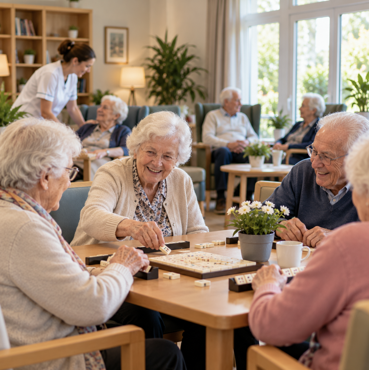 Groupe de personnes âgées dans une salle d’activités en maison de repos en Belgique, illustrant la vie des résidents.