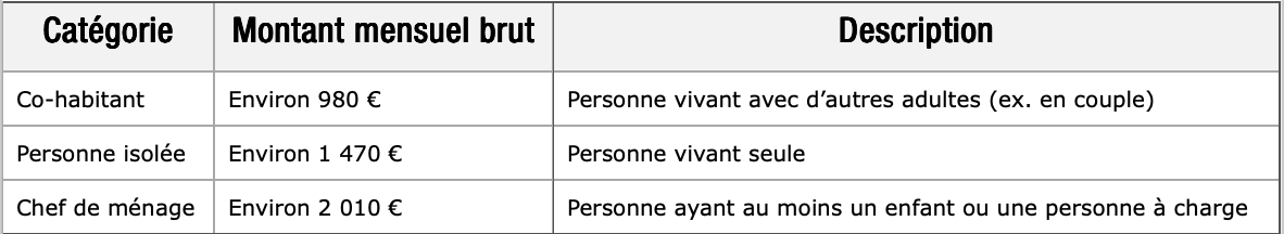 Tableau sur les montants mensuels bruts du RIS (valeurs indicatives)